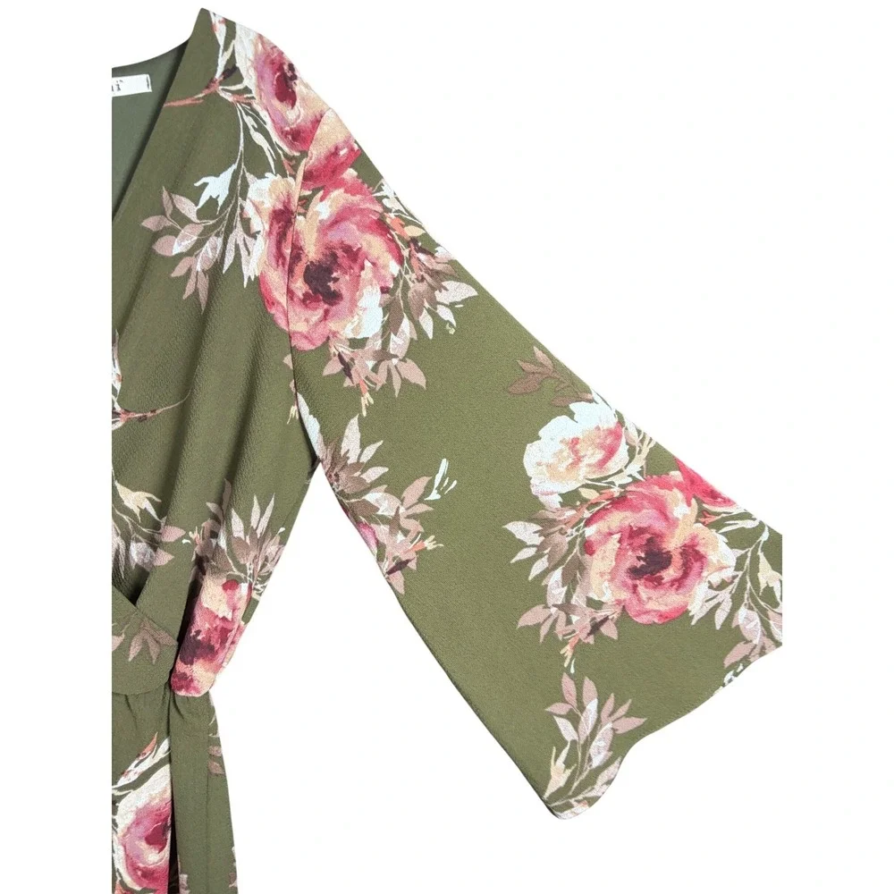 Miami Olive Green Floral Long Bell Sleeve Surplice Romper Womens Large - Picture 4 of 9